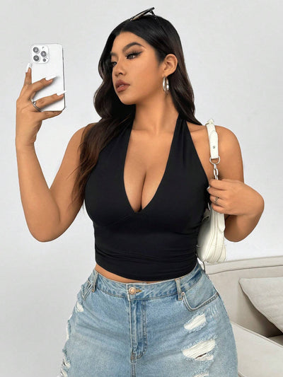 Plus Size Black Lace-Up Neck Halter Tank Top