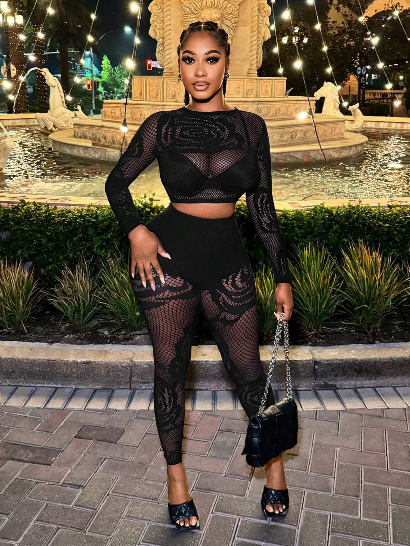Playful Sheer Hollow-Out Crop Top & Leggings Set