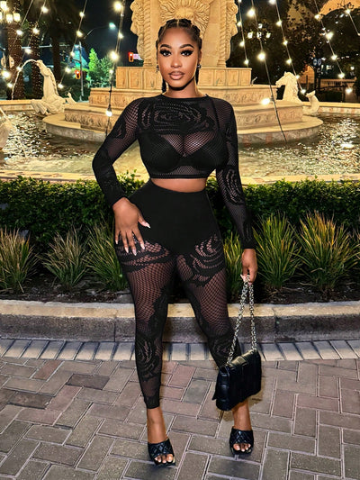 Playful Sheer Hollow-Out Crop Top & Leggings Set