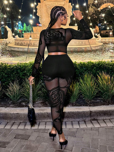 Playful Sheer Hollow-Out Crop Top & Leggings Set