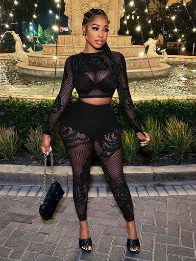 Playful Sheer Hollow-Out Crop Top & Leggings Set