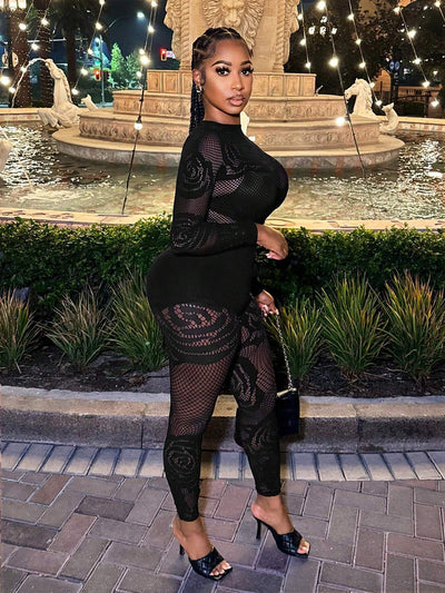Playful Sheer Hollow-Out Crop Top & Leggings Set