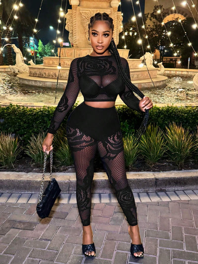 Playful Sheer Hollow-Out Crop Top & Leggings Set