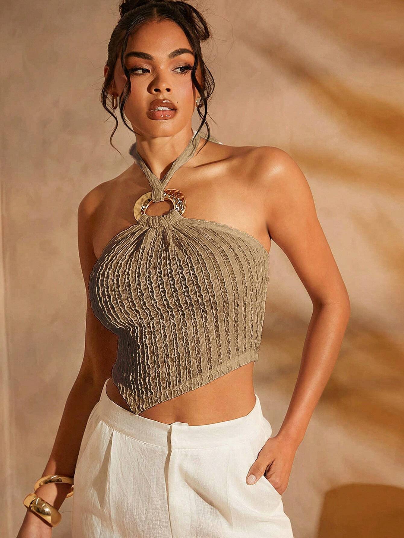 Gold Hardware Asymmetrical Halter Crop Top