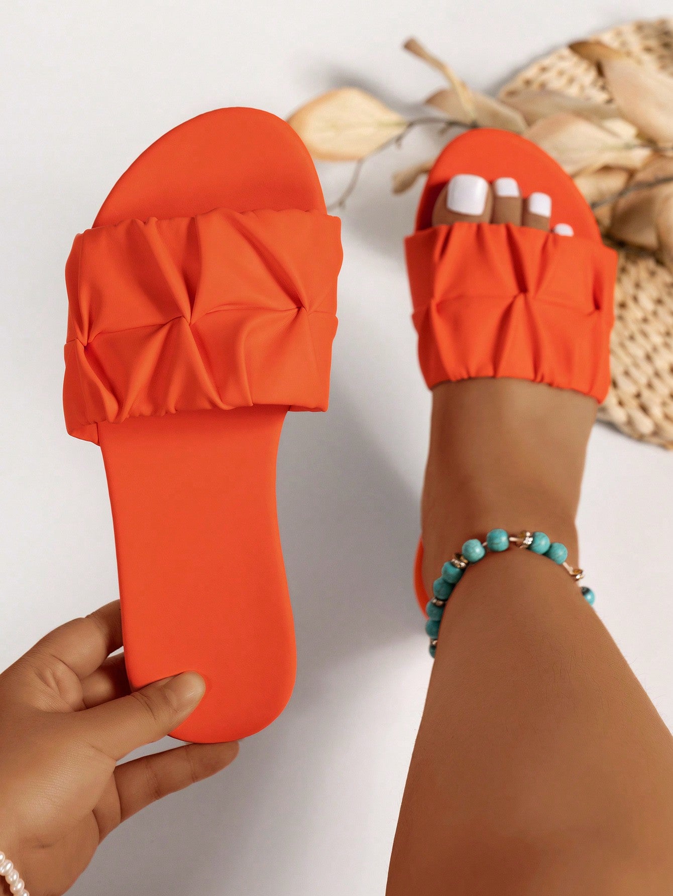 Elegant Wide Fit Square Toe Pleated Flat Sandals