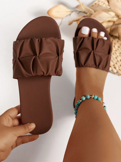 Elegant Wide Fit Square Toe Pleated Flat Sandals
