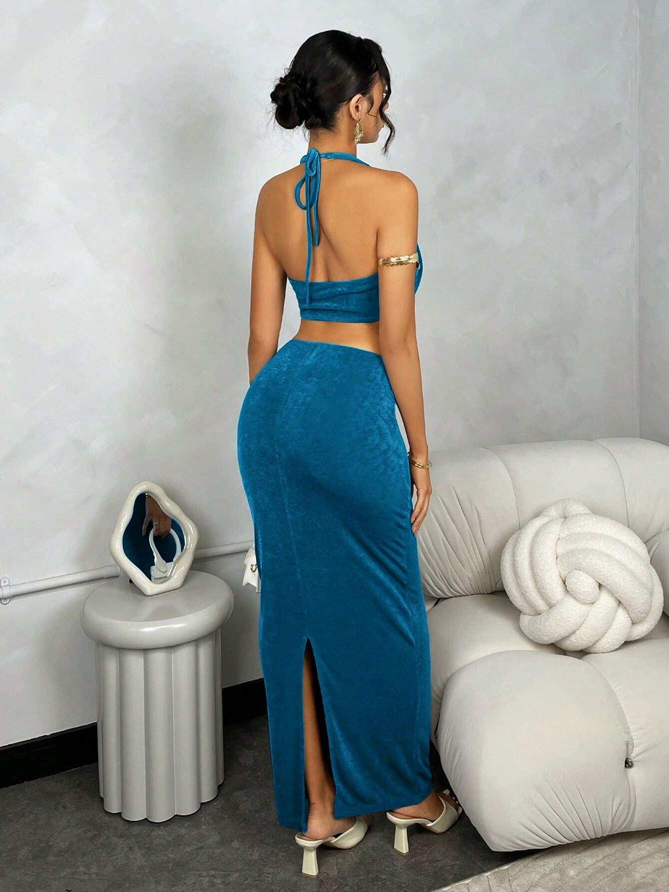 Elegant Deep-V Draped Neck Tank & Mini Skirt Ensemble