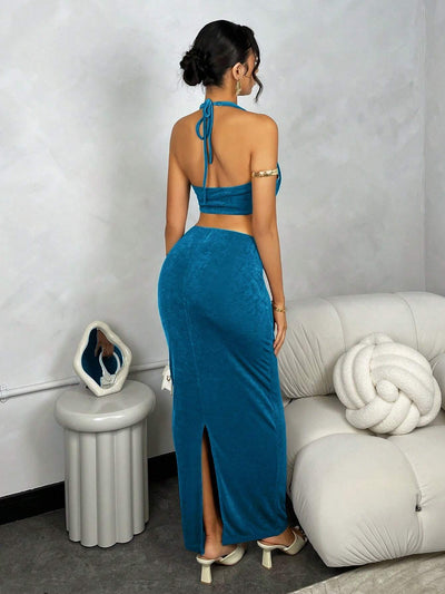 Elegant Deep-V Draped Neck Tank & Mini Skirt Ensemble