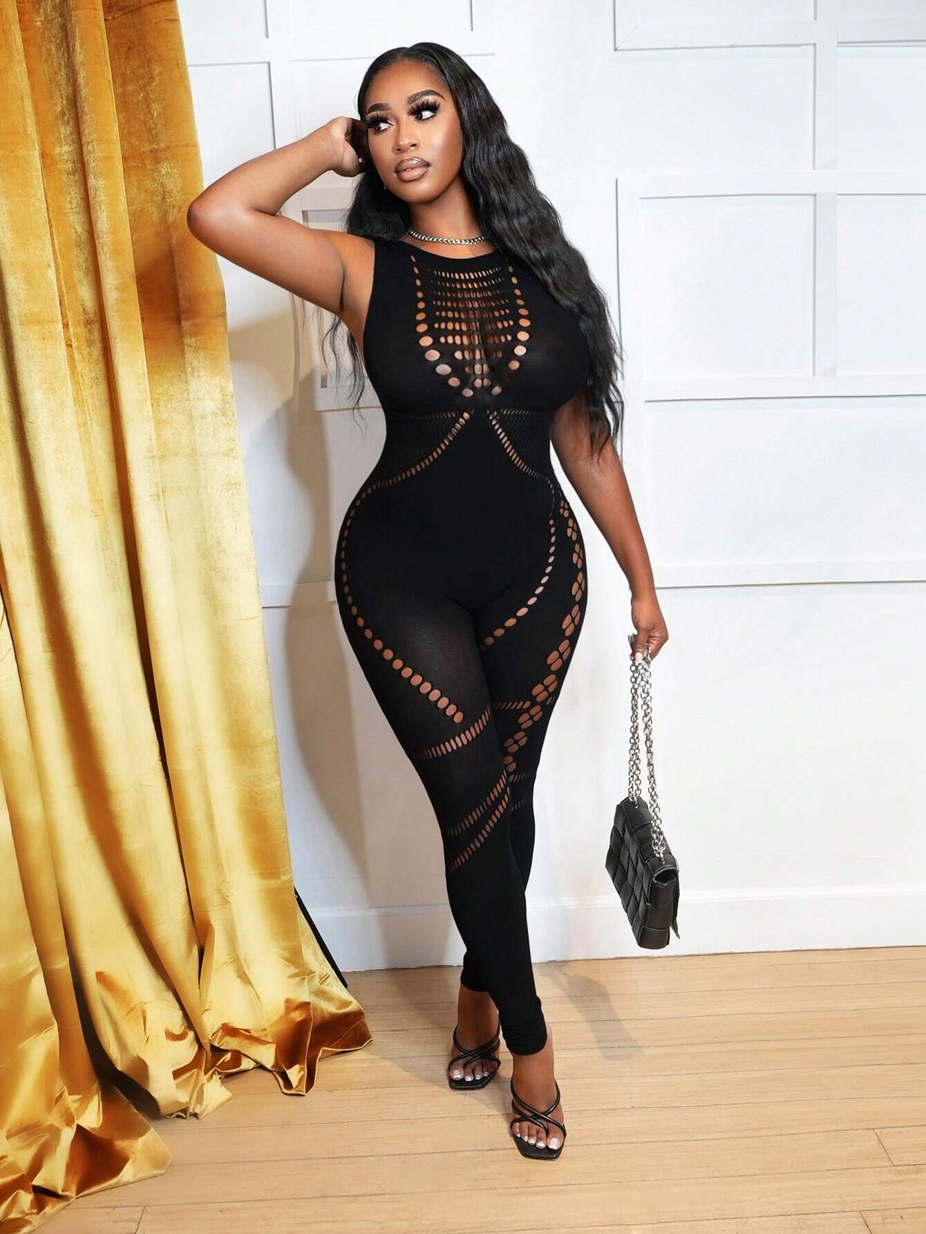 Hollow Out Mesh Jumpsuit - Bold and Alluring Fit