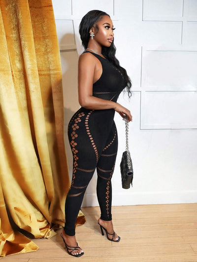 Hollow Out Mesh Jumpsuit - Bold and Alluring Fit