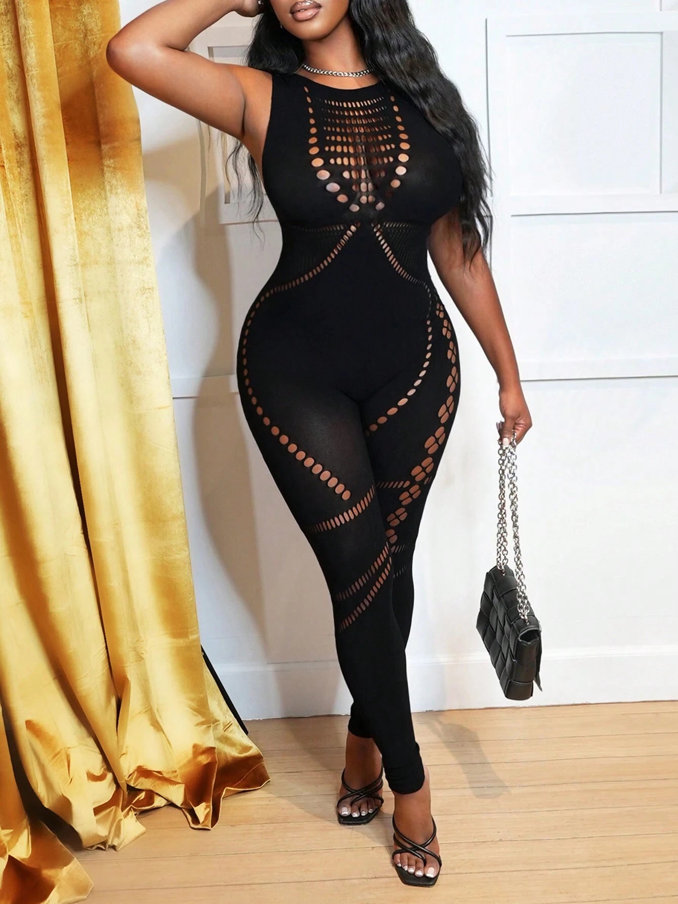 Hollow Out Mesh Jumpsuit - Bold and Alluring Fit