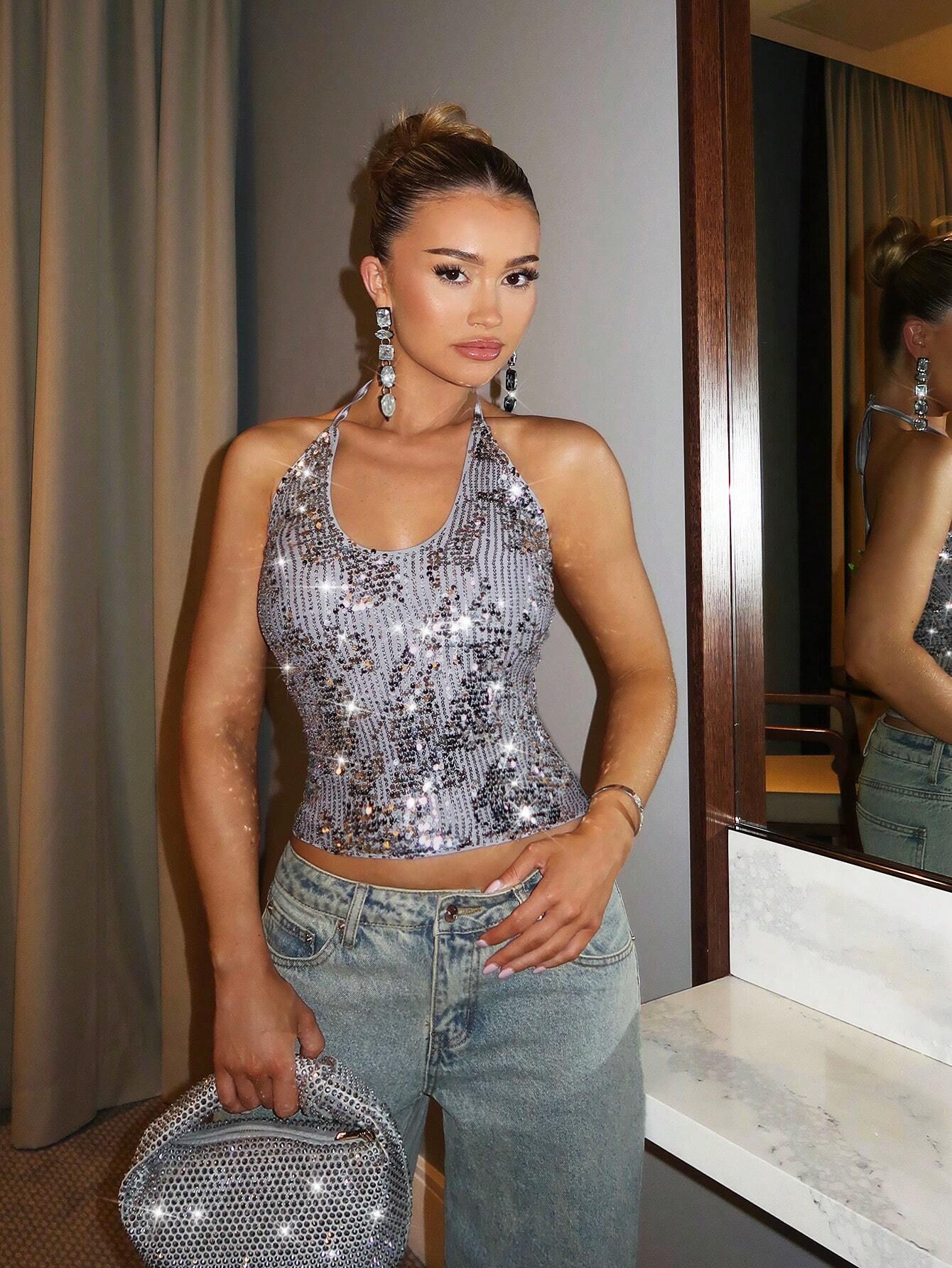 Dazzling Sequin Halter Neck Tank Top for Women