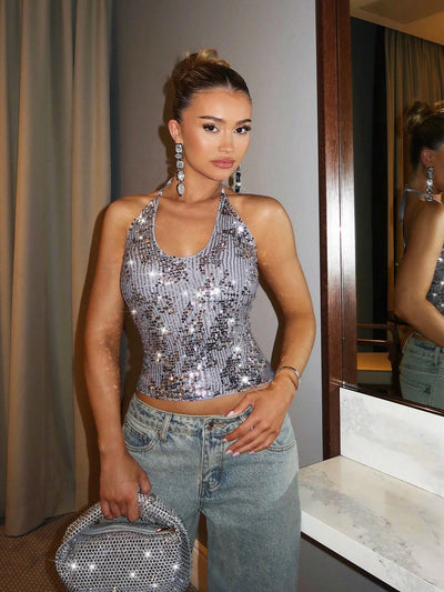 Dazzling Sequin Halter Neck Tank Top for Women