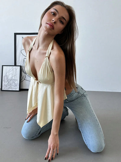 Champagne Satin Tie-Up Halter Cami with Buckle