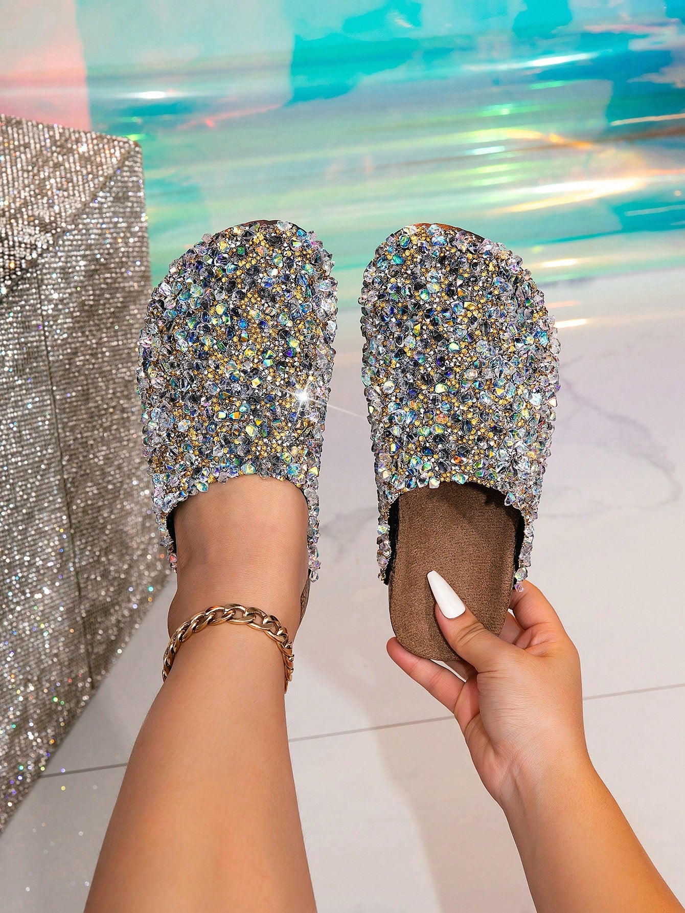 Glamorous Fuchsia Rhinestone Slip-On Slippers