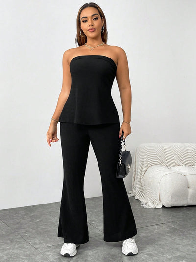 Plus Size Women's Elegant Black Two-Piece Vacation Suit