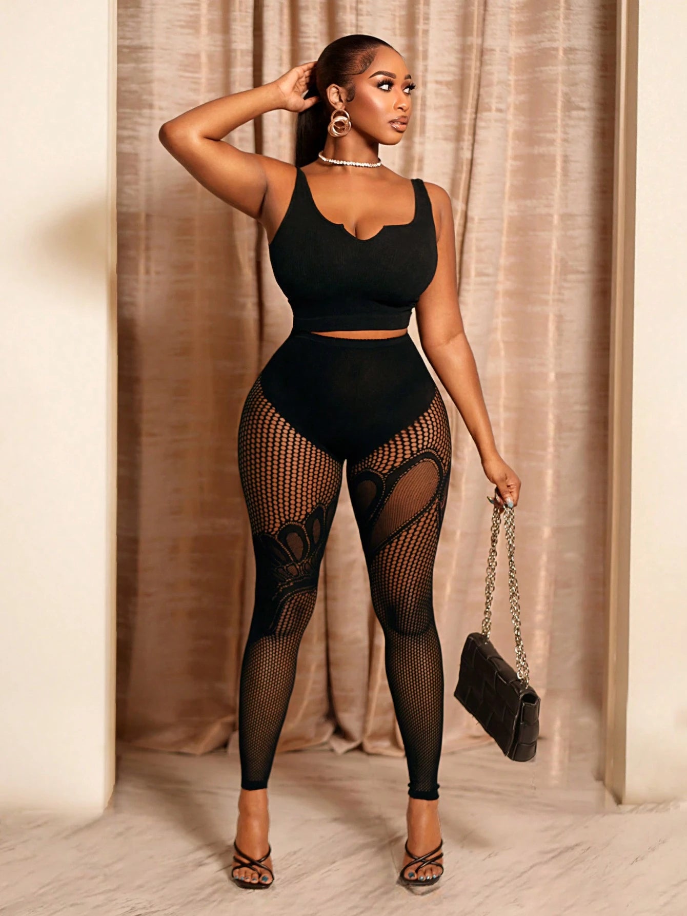 Chic Jacquard Hollow-Out Mesh Leggings