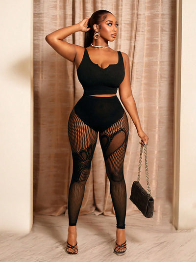 Chic Jacquard Hollow-Out Mesh Leggings