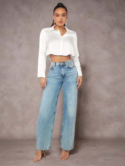 Elegant Satin Crop Shirt with Button Front
