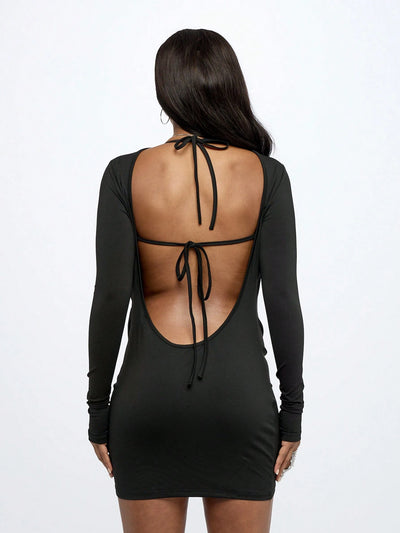 Elegant Backless Long Sleeve Mini Dress