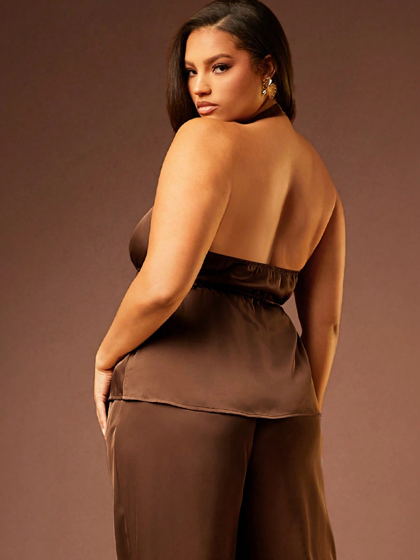 Plus Size Brown Satin Tie-Up Deep V-Neck Tank Top
