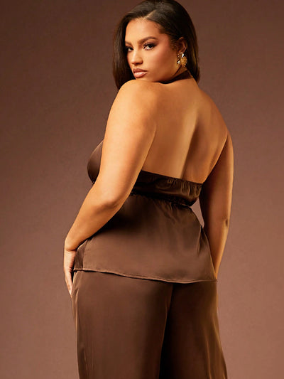 Plus Size Brown Satin Tie-Up Deep V-Neck Tank Top