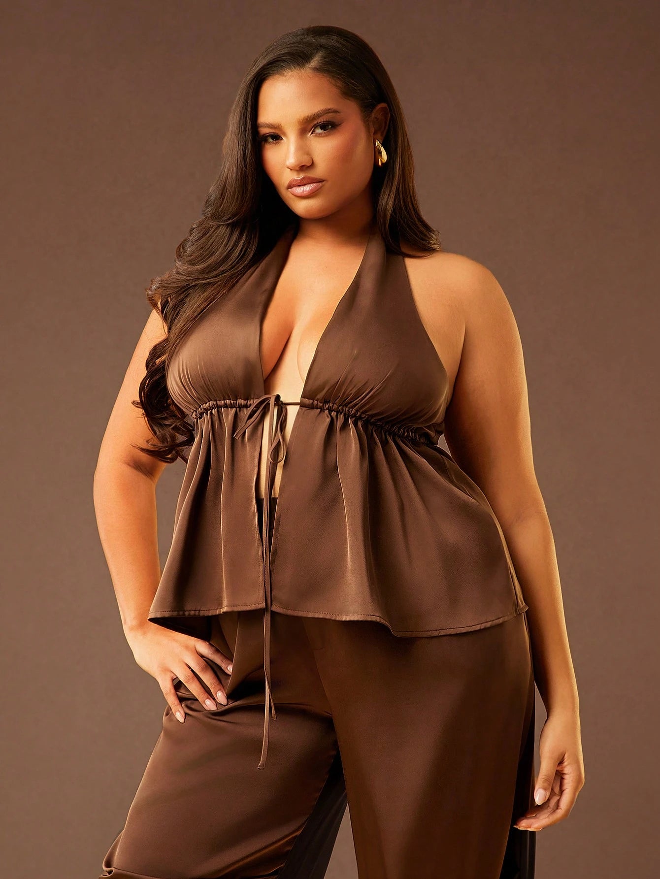 Plus Size Brown Satin Tie-Up Deep V-Neck Tank Top