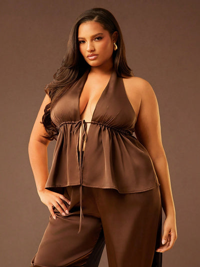 Plus Size Brown Satin Tie-Up Deep V-Neck Tank Top