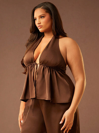 Plus Size Brown Satin Tie-Up Deep V-Neck Tank Top