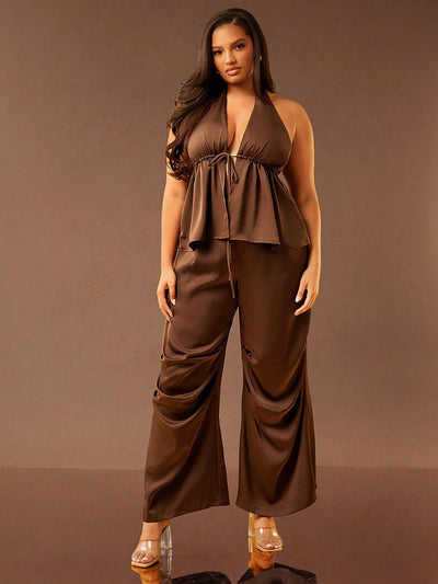 Plus Size Brown Satin Tie-Up Deep V-Neck Tank Top