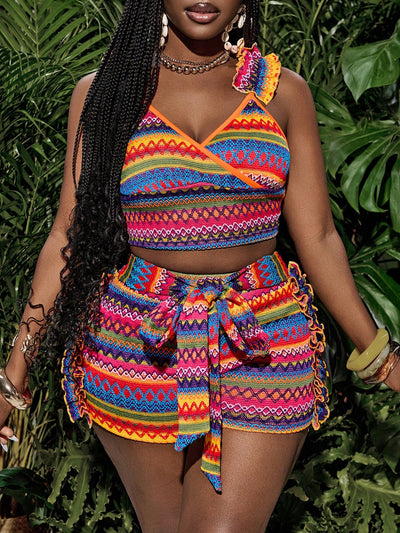 Bohemian Ruffled Shoulder Crop Top & Shorts Set