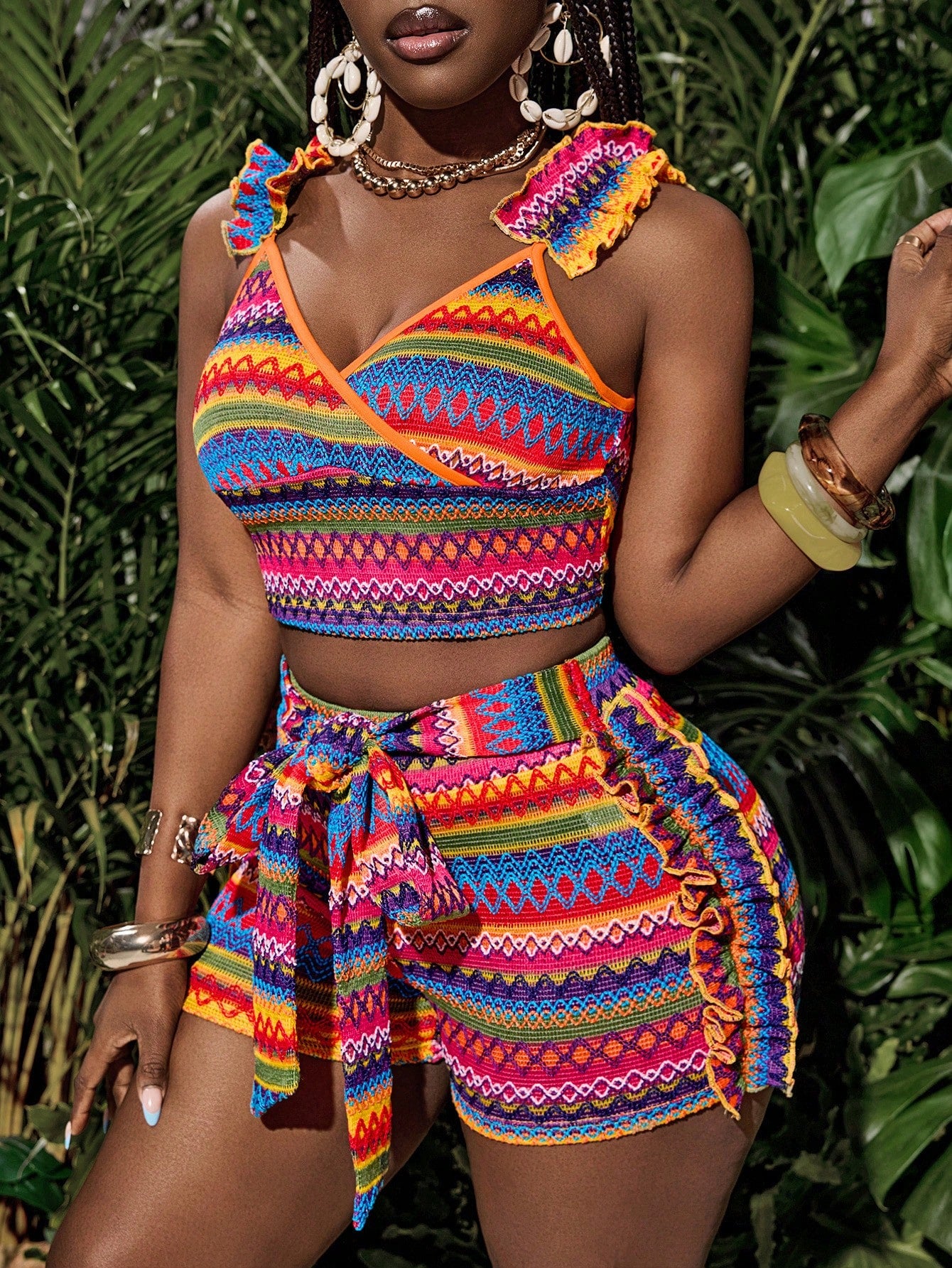 Bohemian Ruffled Shoulder Crop Top & Shorts Set