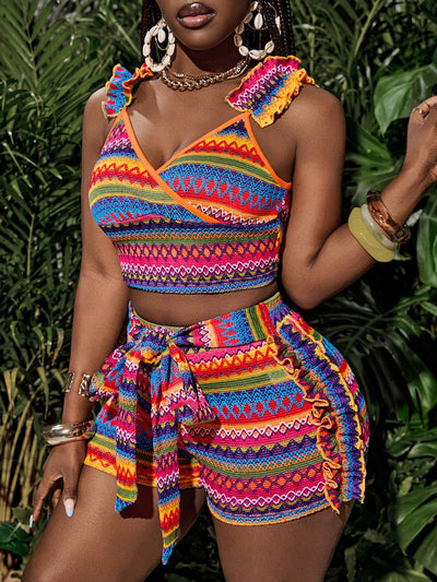 Bohemian Ruffled Shoulder Crop Top & Shorts Set