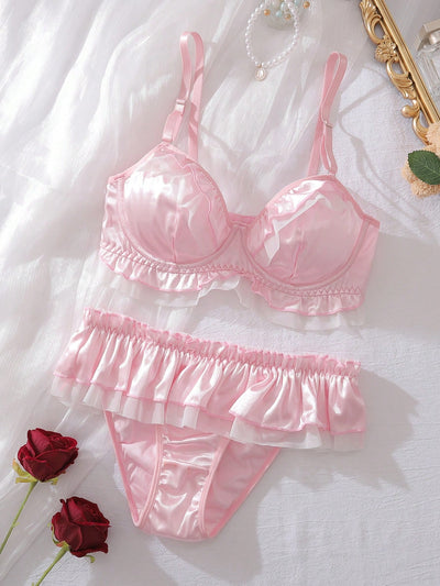 Charming Sheer Satin Frill Bowknot Bra Set