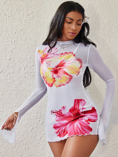 Vibrant Floral Print Beach Cover-Up Dress