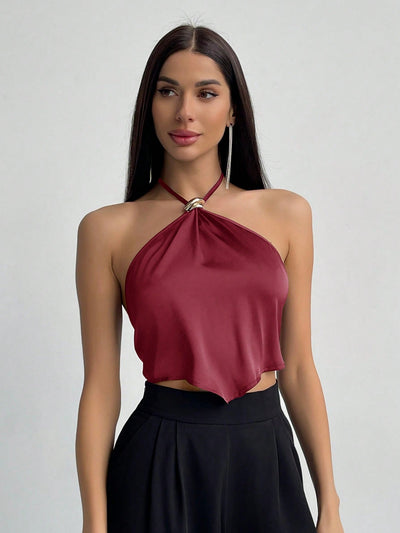 Metallic Detail Halter Neck Asymmetrical Top