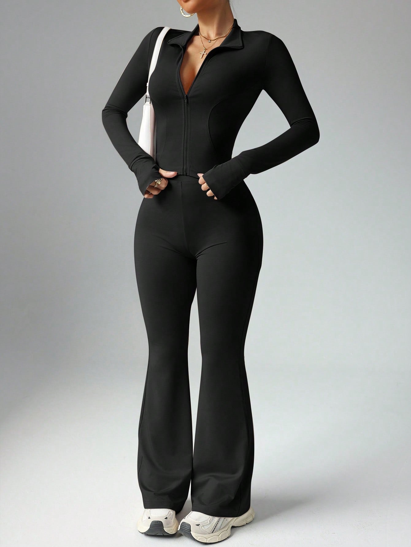 Elegant Dark Green Zip-Up Jacket & Flared Pants Set