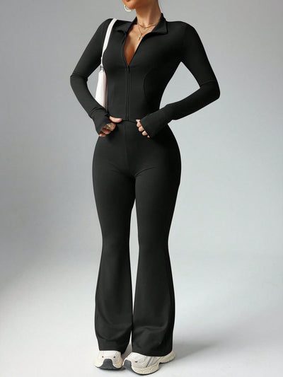 Elegant Dark Green Zip-Up Jacket & Flared Pants Set