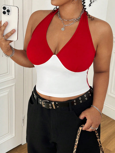 Plus Size Black Lace-Up Neck Halter Tank Top