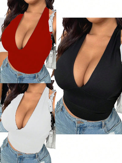 Plus Size Black Lace-Up Neck Halter Tank Top