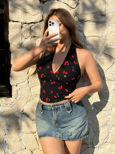 Plus Size Black Lace-Up Neck Halter Tank Top