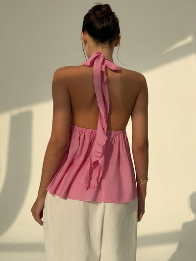 Chic Floral Halter Tie Back Cropped Tank Top