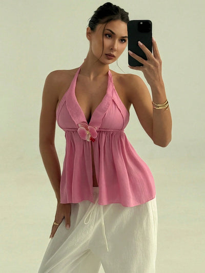 Chic Floral Halter Tie Back Cropped Tank Top