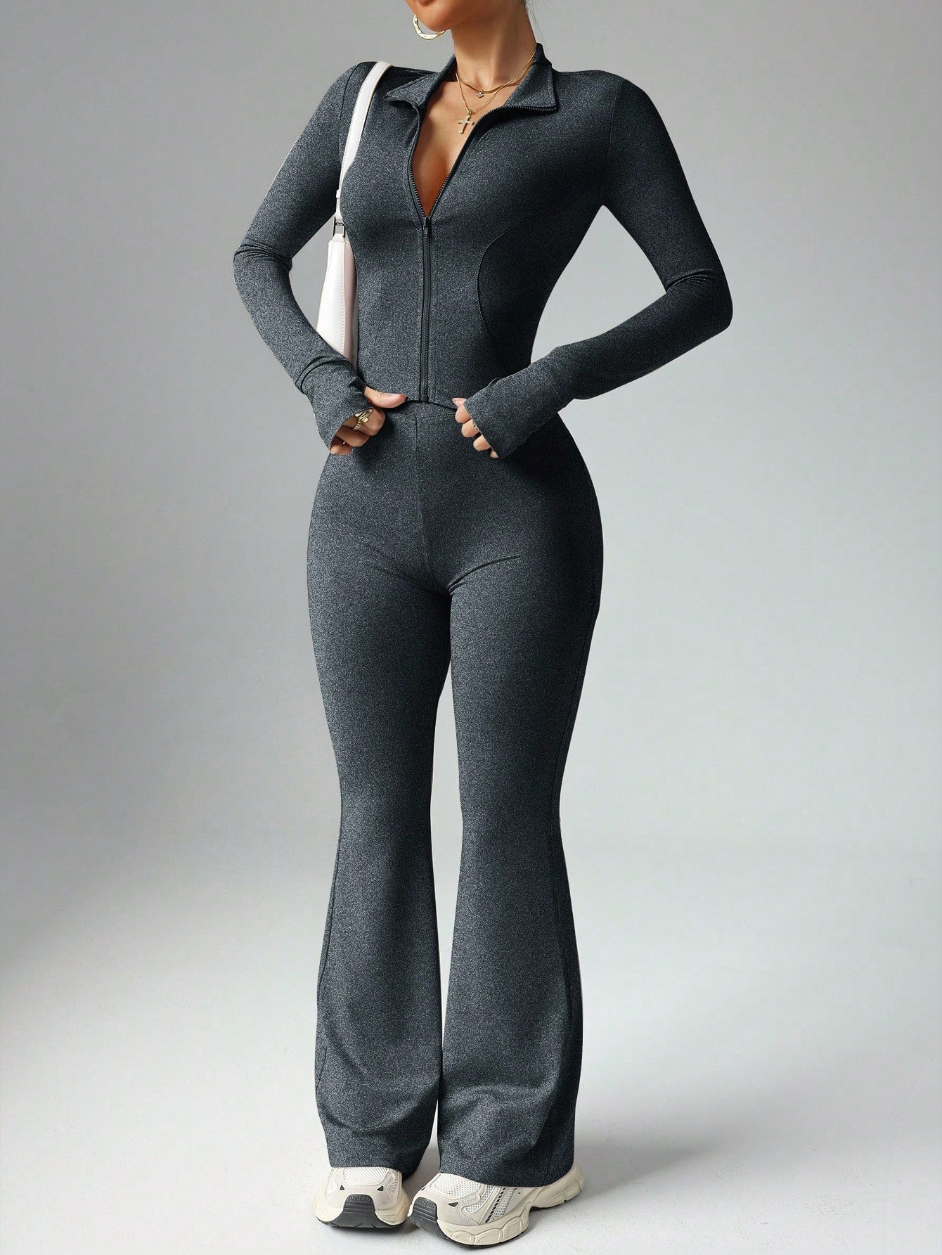 Elegant Dark Green Zip-Up Jacket & Flared Pants Set