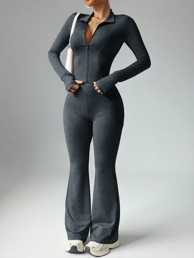 Elegant Dark Green Zip-Up Jacket & Flared Pants Set