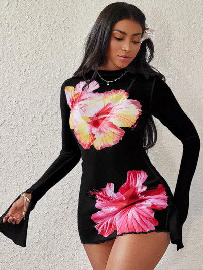 Vibrant Floral Print Beach Cover-Up Dress