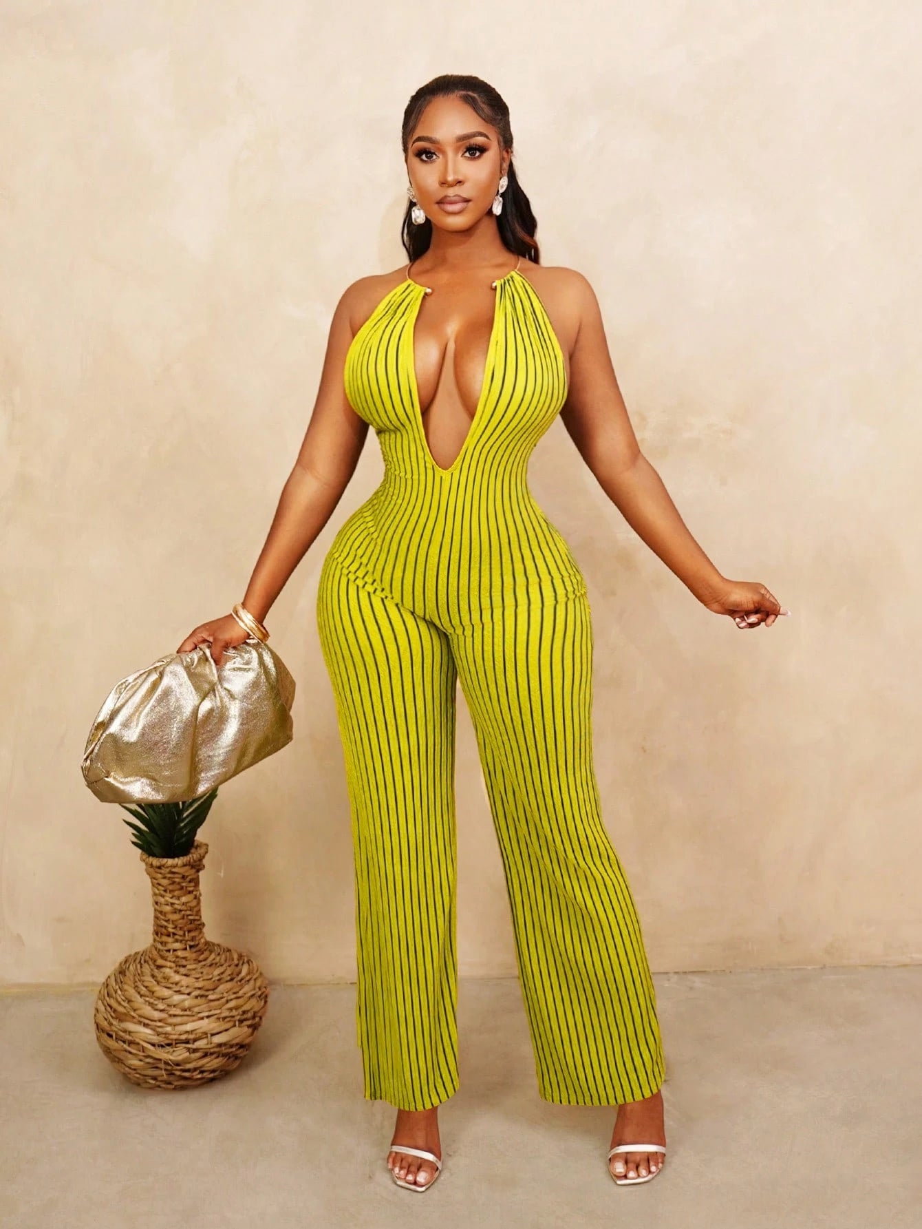 Women's Striped Backless Halter Jumpsuit