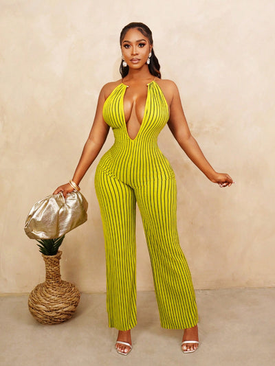Women's Striped Backless Halter Jumpsuit