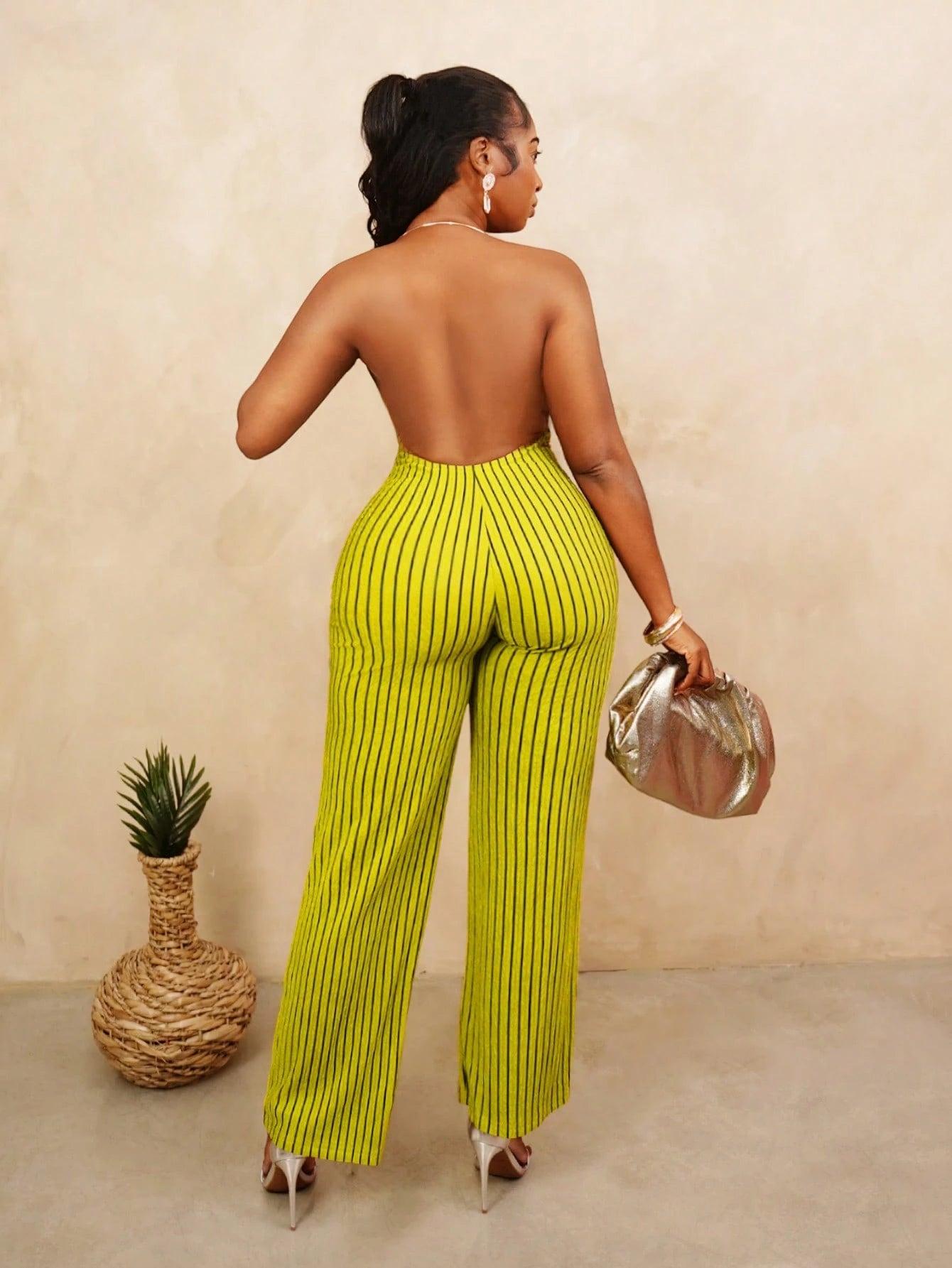 Women's Striped Backless Halter Jumpsuit