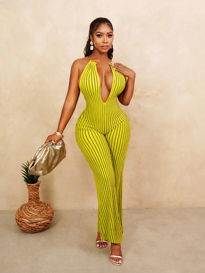 Women's Striped Backless Halter Jumpsuit